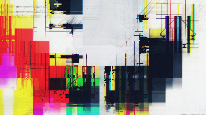 Abstract glitch art with colorful blocks and lines