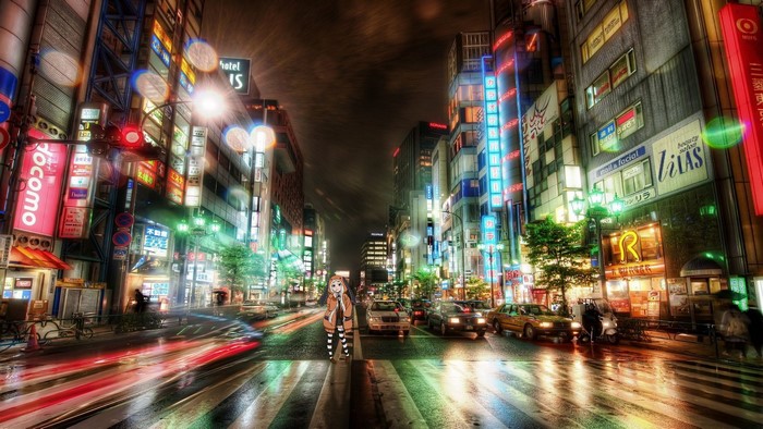 Anime girl in a neon-lit Tokyo street at night