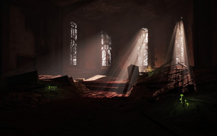 Ruined interior with light beams and glowing mushrooms