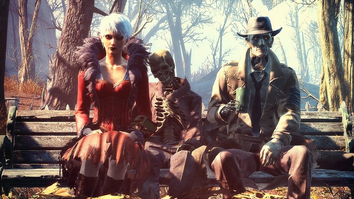 Fallout 4 characters sitting on a bench