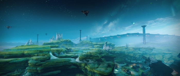 Destiny 2: Io landscape with alien structures and spacecraft