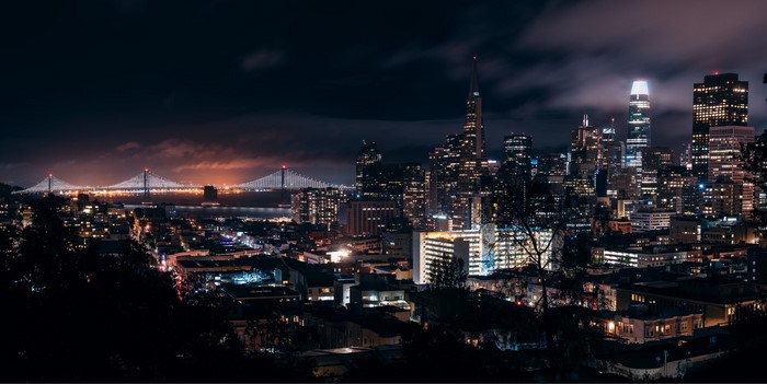 San Francisco skyline and Bay Bridge at night