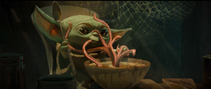 Grogu from The Mandalorian eating soup