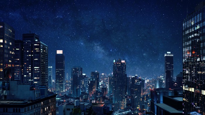 Night Cityscape with Starry Sky