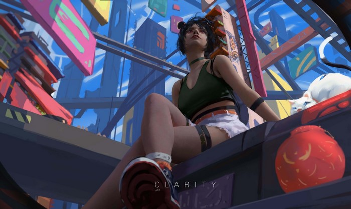 Anime girl with cats in a futuristic city