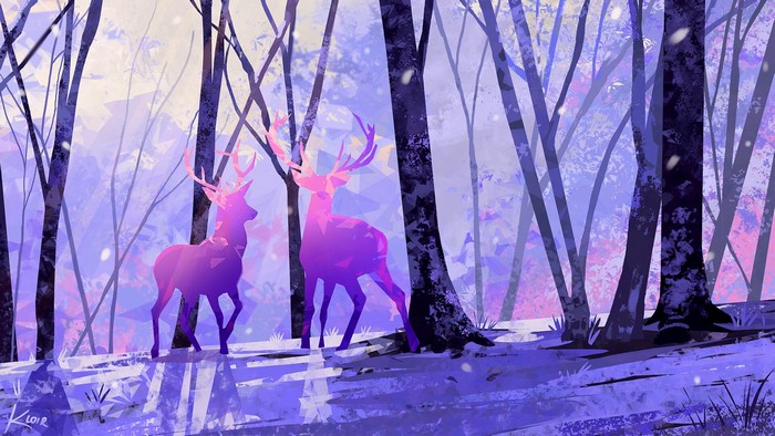 Digital painting of two deer in a snowy forest by Samantha Lee