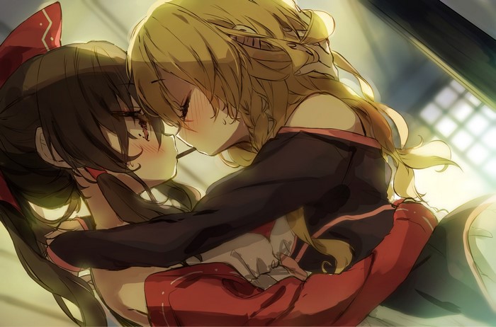 Reimu Hakurei and Marisa Kirisame from Touhou sharing Pocky