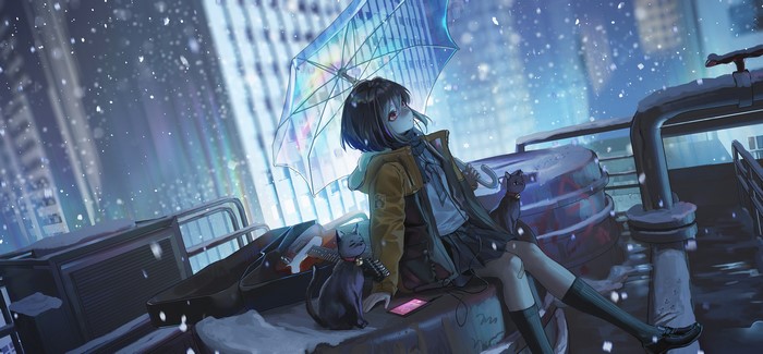Anime girl with cats and umbrella in snowy city