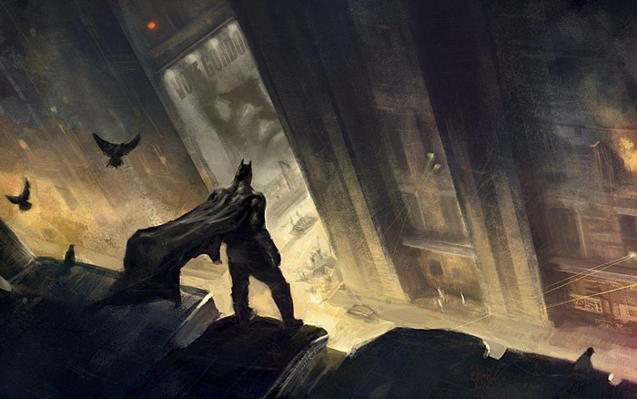 Batman from Batman: Arkham City overlooking a city