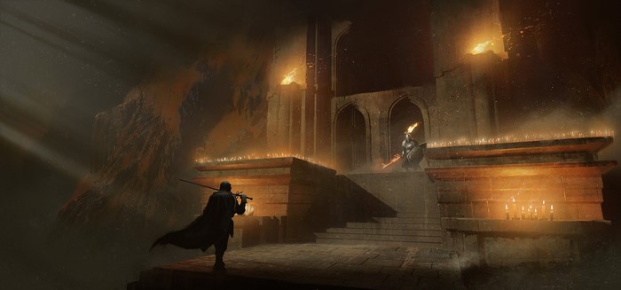 Two knights in a dark, fiery castle courtyard
