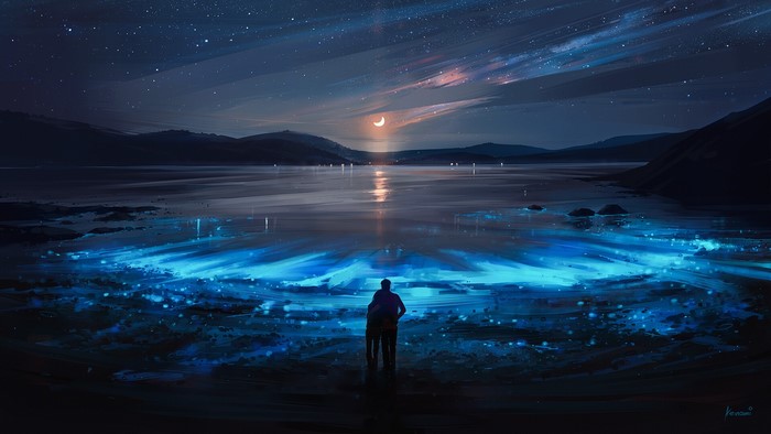 Couple watching bioluminescent water under starry night sky