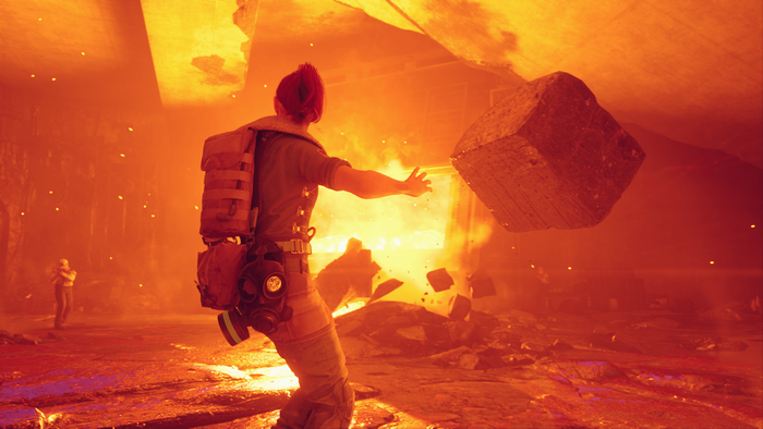 Jesse Faden from Control in a fiery environment
