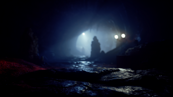 Dark cave with figures and lights