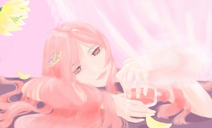 Artwork of a woman with pink hair holding a drink