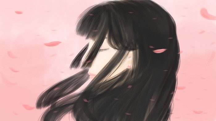 Artwork of a girl with dark hair and closed eyes