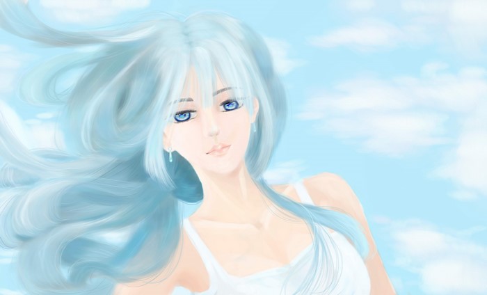 Woman with aqua hair and blue eyes