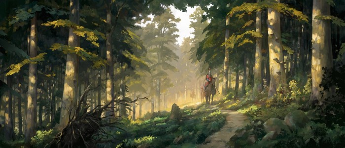 Knight on horseback in a sunlit forest