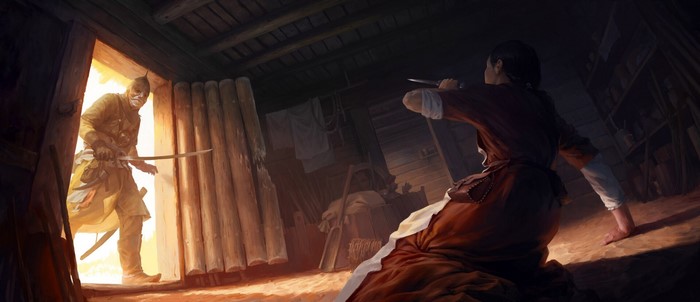 Warrior with sword enters a room where a woman defends herself with a knife