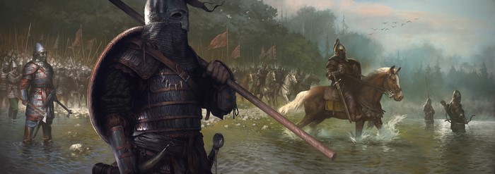 Warriors crossing a river in Kingdom Come: Deliverance