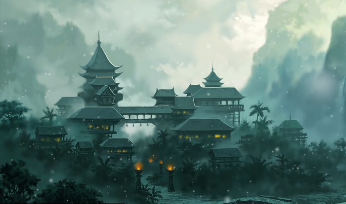 Asian architecture with bridges in a misty mountain landscape