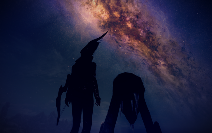 Silhouette of a figure with a bow against the Milky Way