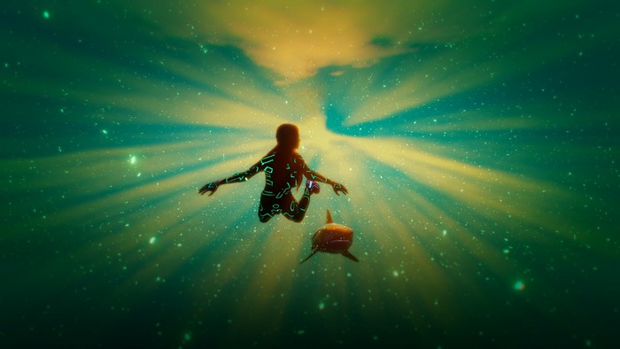 Woman with glowing patterns and shark underwater