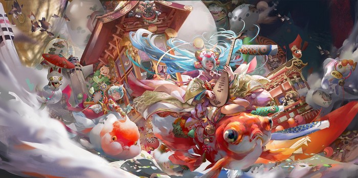Fantasy Art of a Girl with a Lute on a Koi Fish
