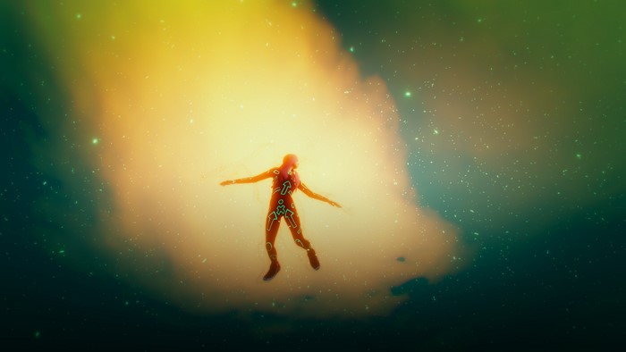 Figure in glowing suit floating in space