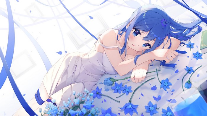 Anime girl with blue hair and blue eyes lying down