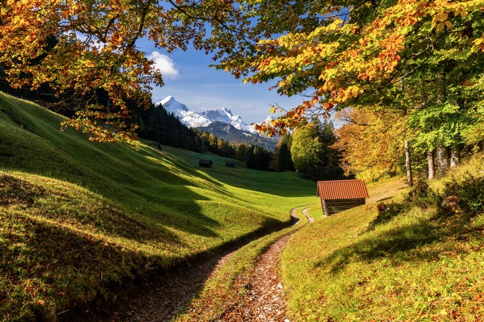 Autumn landscape with snowy mountains and a dirt road
