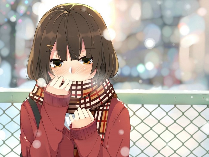 Anime girl with brown hair and scarf in snow