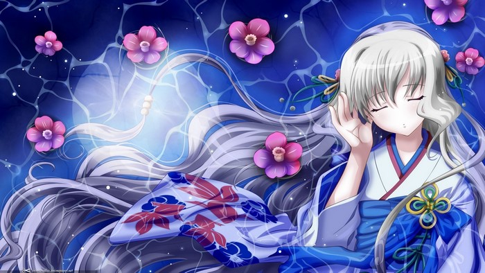 Anime girl in kimono with gray hair floating in water with flowers