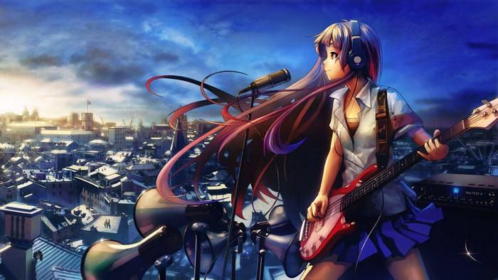 Anime girl with headphones playing bass guitar in cityscape