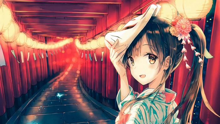 Anime girl in yukata holding a mask