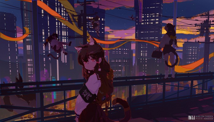 Anime cat girls in a futuristic cityscape at night