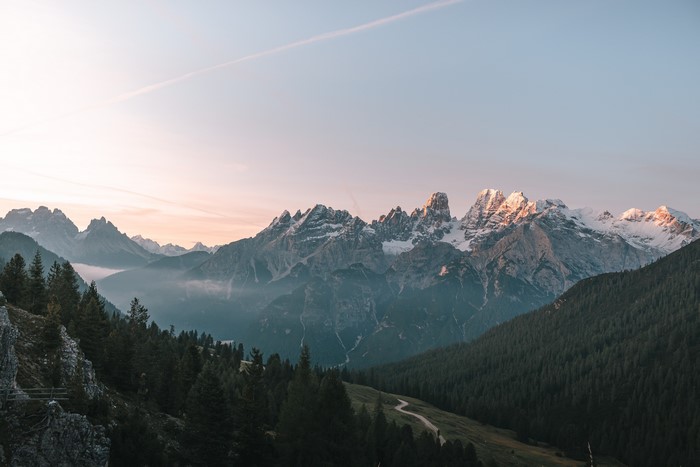 4K Dolomites Mountains Landscape with Snow and Forest