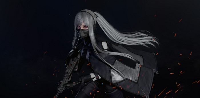 Anime girl with gray hair and weapon