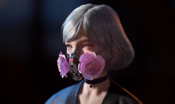 Fantasy girl with gas mask and roses