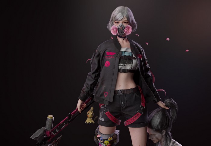 Cyberpunk girl with gas mask and axe
