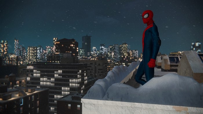 Spider-Man from Marvel Comics on a snowy New York City rooftop