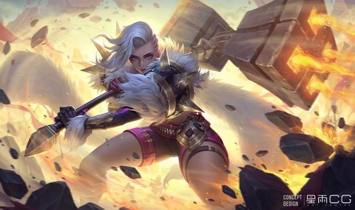 Fantasy girl with hammer in fiery battle