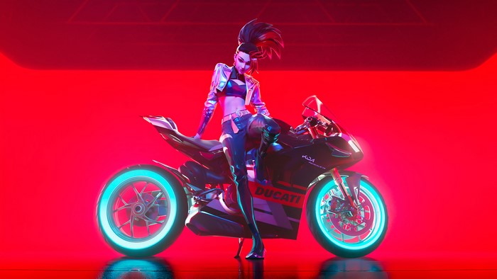 Akali from League of Legends on a Ducati motorcycle