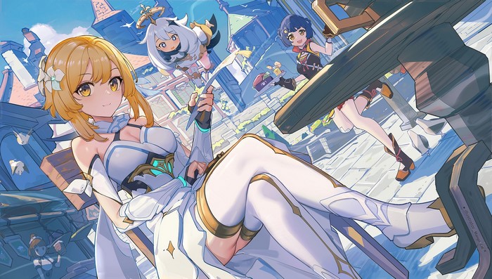 Lumine, Paimon, and Xiangling from Genshin Impact in a town