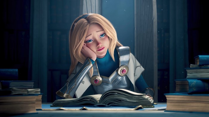 Lux from League of Legends reading in a library