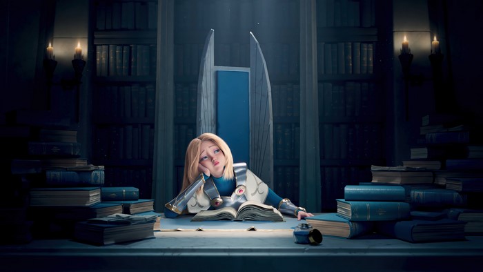 Lux from League of Legends in a library
