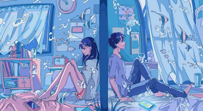 Anime couple sitting back to back in a room with fish