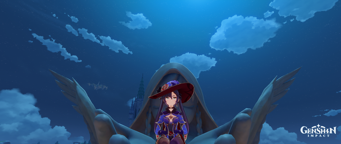 Mona from Genshin Impact sitting on a statue