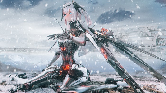 Cyborg girl with wings in a snowy landscape