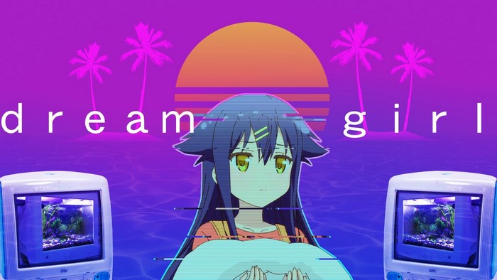 Anime girl with text 'dream girl' and retro computers