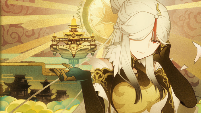 Ningguang from Genshin Impact with floating palace